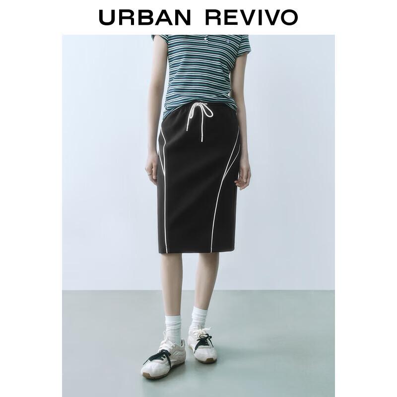 UR 2025 Spring Casual Color-Block Drawstring Midi Skirt XXS