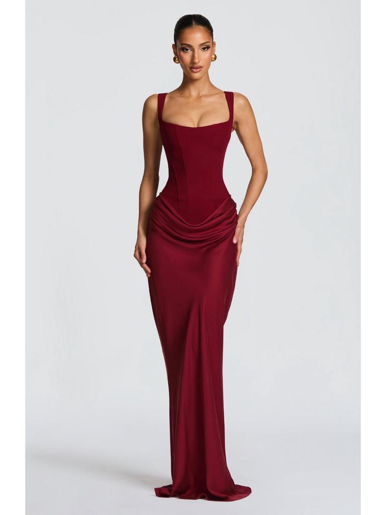 Women's Spring Slim Fishbone Strappy Long Dress - Solid Color Hip-Hugging Design