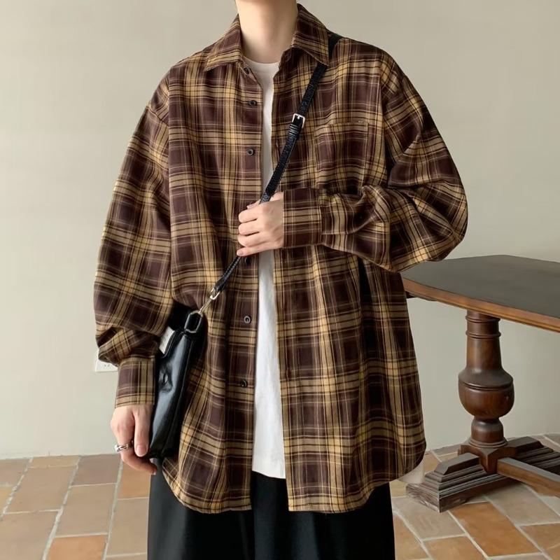 Camisa de Manga Larga Vintage Estilo Japonés para Hombre Holgada Casual