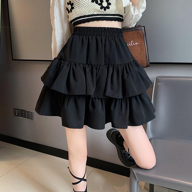 Spring & Autumn 2025 Black Ruffle Midi Skirt - Slimming, Plus Size, High Waist, Fashionable Puff Design