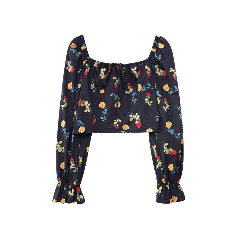 

2025 Весна Французская мода Цветочный крой рукава труба Тонкий топ для женщин - C3531