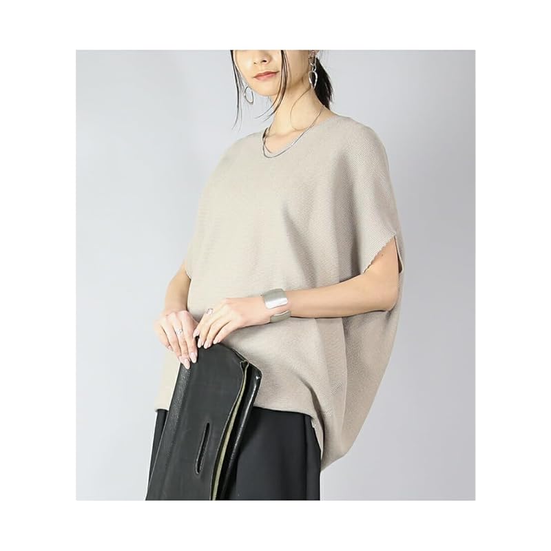 [And It] cocoon cotton knit Plain color V-neck short sleeve Thin summer knit pullover ladies F 55 Green A