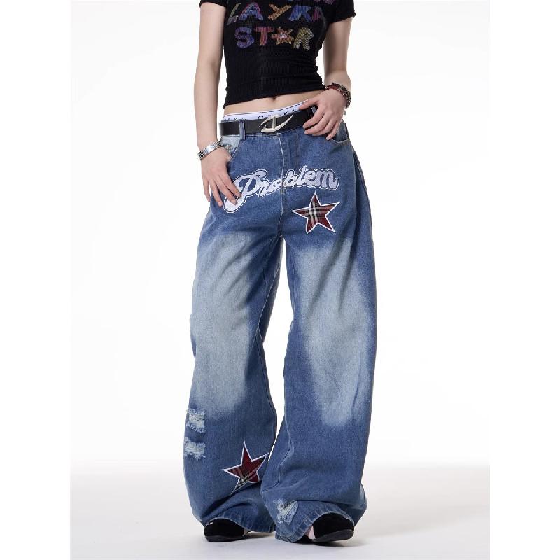 New letter and star embroidered gradient wide-leg jeans for women, loose, casual, versatile, textured, floor-length pants