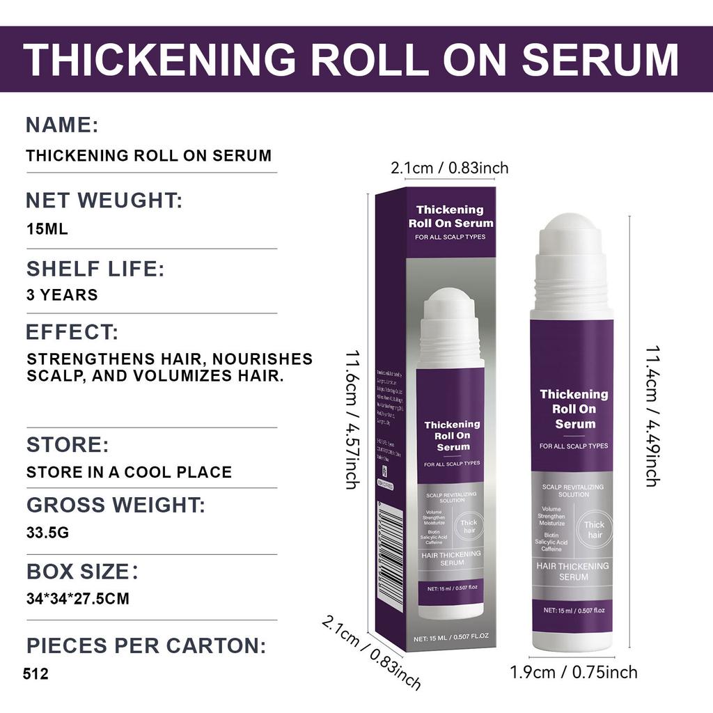 Hair Thickening Roll On Serum 15ml, Anti Hair Loss Treatment, Strengthens Hair Roots, Reduces Shedding, Increases Density for Men & Women