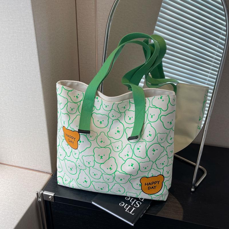 Chic Bear Print Canvas Tote Bag Versatile Handbag Shoulder Bag For Work  Travel  School With Durable Strap Small Crossbody Bag