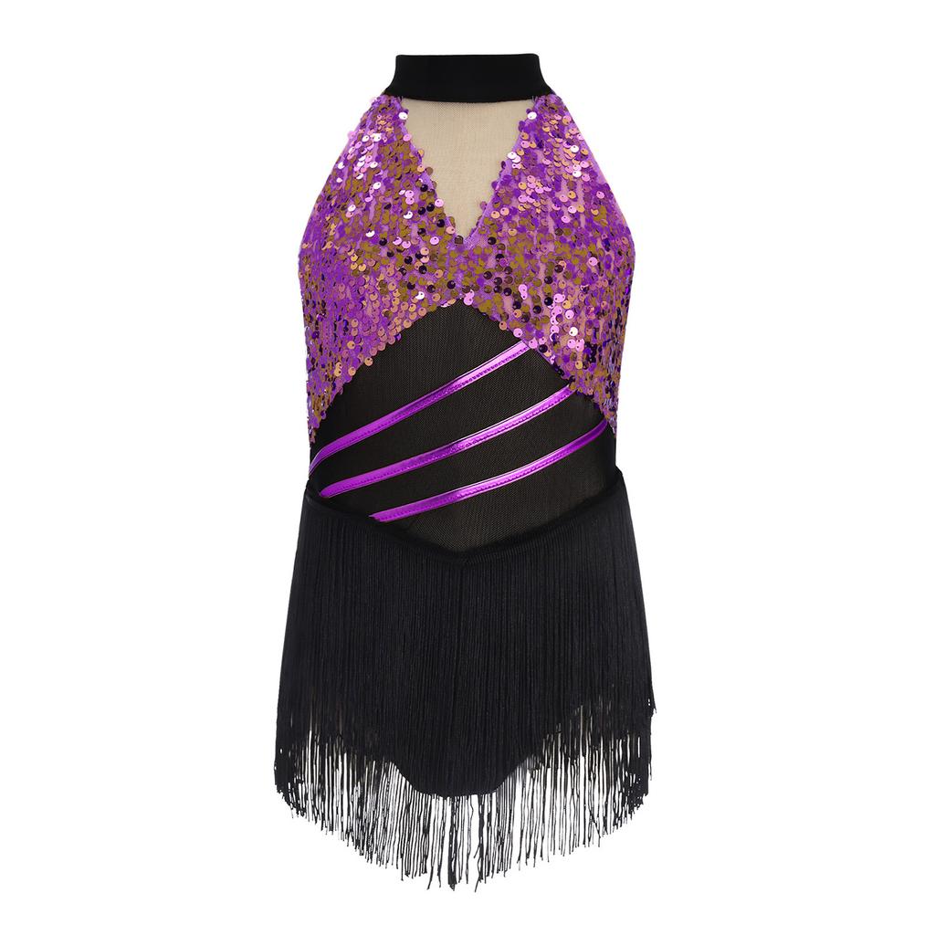 Costume da Ballo Latino da Bambina Brillante con Paillettes, Scollo all'Americana, Senza Maniche, Rete in Vita, Foro sulla Schiena, Body Metallico con Frange