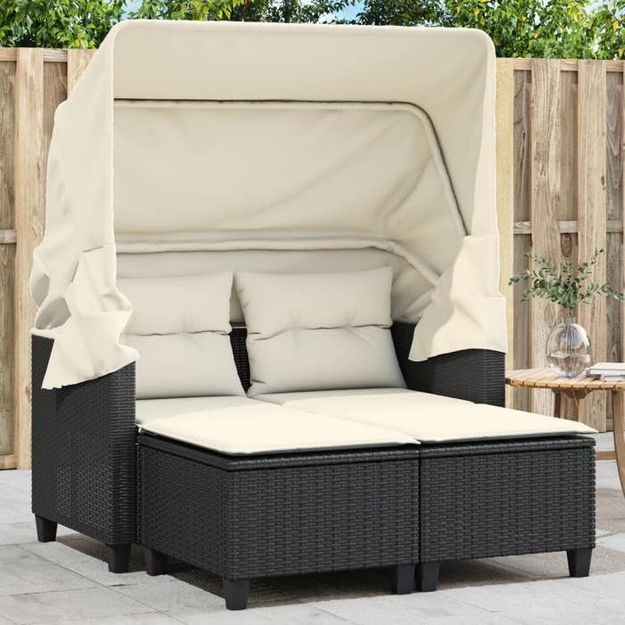 VidaXL Garden Sofa 2 Seater with Canopy and Stools, Patio Seat, Outdoor Balcony Terrace Furniture, Black Resin 365780