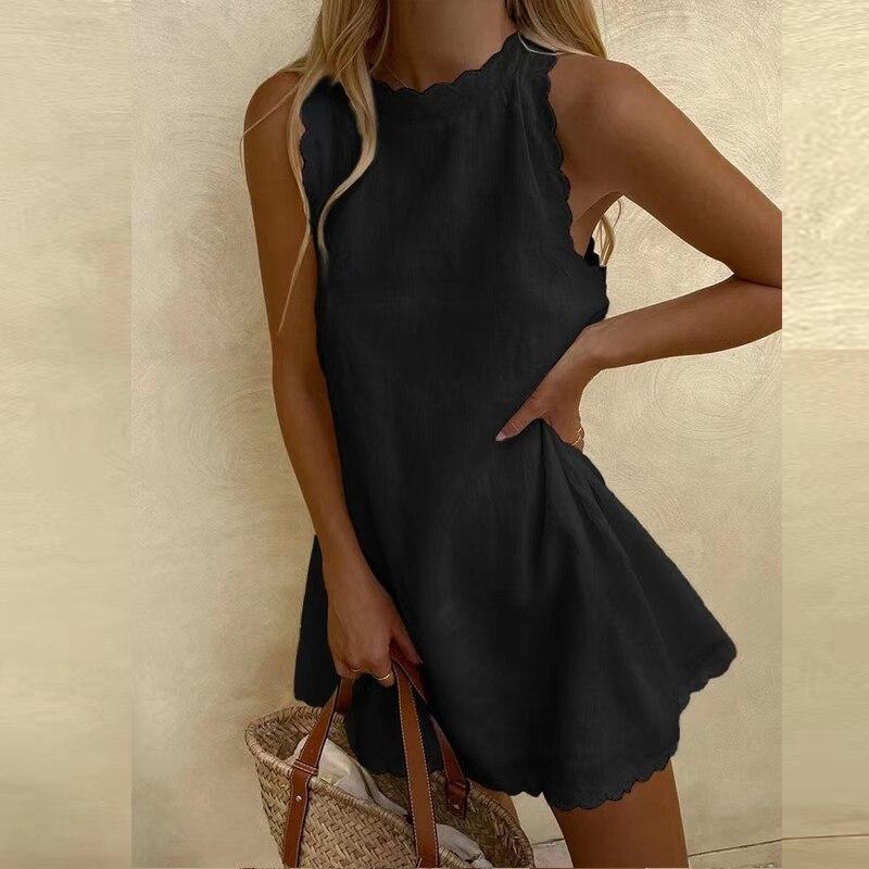 Fashion Sleeveless Solid Mini Sexy Dress Women Summer O-neck Ruffle Cotton Linen Dress Casual Beach White Dress Robe