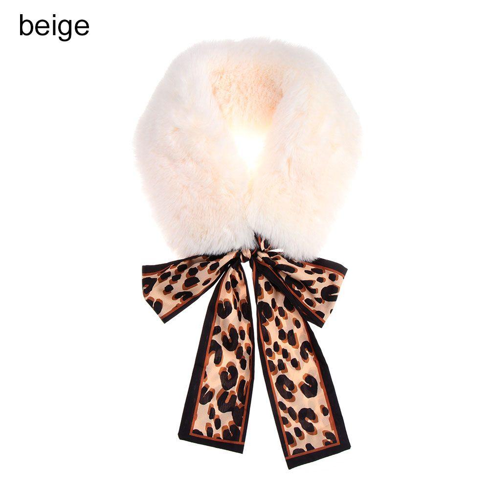 

Autumn Winter Neck Scarves Wrap Neck Warmer Collar Scarf Faux Fur Plush Leopard Ribbons бежевий