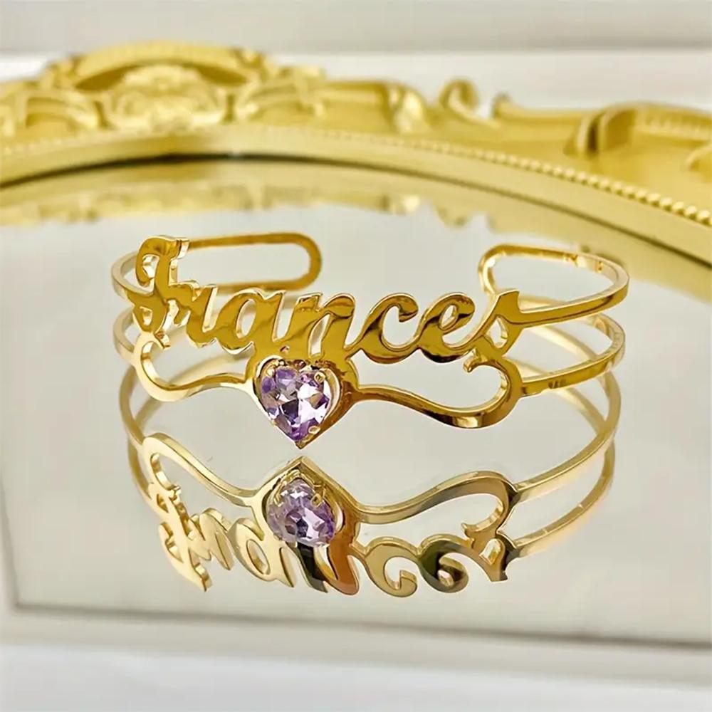 Custom Name Purple Birthstone Cuff Bangle For Women Punk Personalized Gold Color Bracelet Christmas Stainless Steel Jewelry Gift