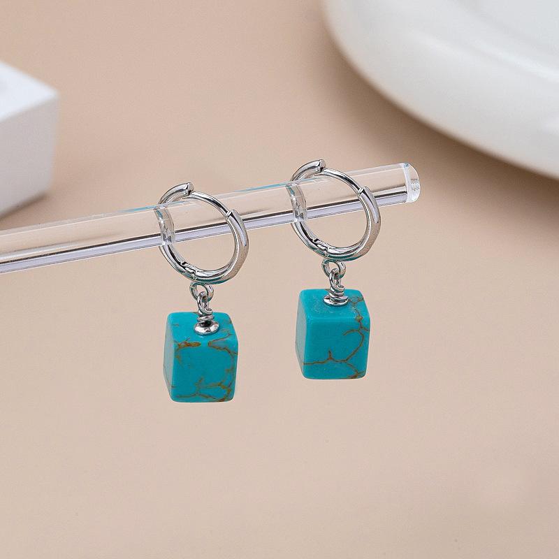 Turquoise Lapis Lazuli Earrings New Retro Bohemian Temperament Light Luxury Geometric Sugar Cube High-end Ear Buckle Women