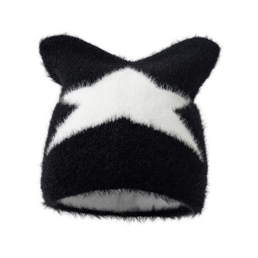 Cat Ears Bag Head Warm Windproof Cold Soft Waxy Hat Knitted Hat Winter Five-Star Hat