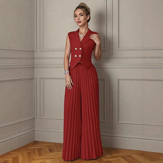 Damen 2-teilige Westen-Sets Ärmellos Knopfleiste Crop Blazer Weste Und Weite Faltenhose
