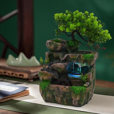 Mini Steingartenbrunnen Wasserfall Feng Shui Desktop Wasser Felsen Indoor Schreibtischdeko Felsenwasserfall Zen Deko mit LED-Licht