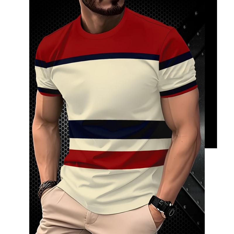 Fashion Men s Crew Neck Short Sleeve 3D Striped Color Printing Striped Short Sleeve Crew Neck T-Shirt XS