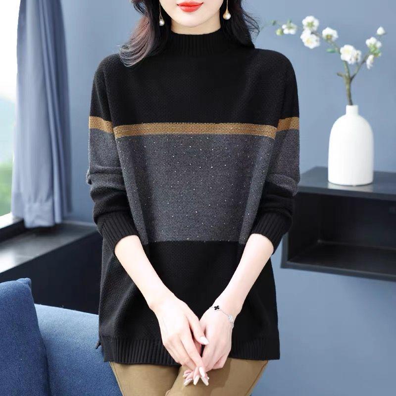 Women's Autumn & Winter Mock Neck Sweater - Mid-Length Loose Plus-Size Mother's Style Color-Block Fashion Thickened Knit Base Layer Top