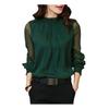 Camisa de Mujer de Manga de Malla Transparente, Puños Elásticos, Cuello Elegante con Volantes, Color Sólido, de Gasa
