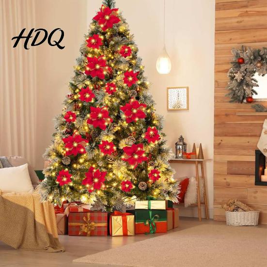 Multi Layered Fabric Flower Decorations Red Gold Poinsettia Artificial Flower Large Glitter Christmas with Clip Xmas Festive Party Floral Decor Tree