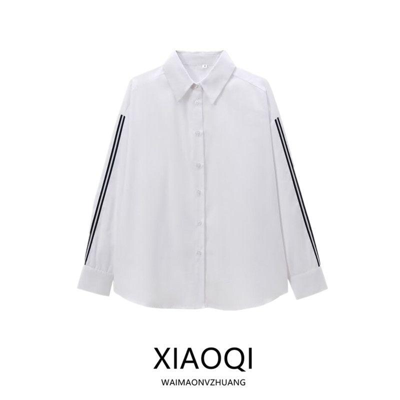Fashion Style 2024 Fall and Winter New Women's Side Stripes with Decorative Poplin White Long Sleeves Shirt 3666180
