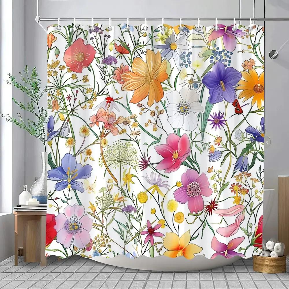 Květinová sprchová závěs Květinová látka Sprchové závěsy pro rustikální vintage koupelnový dekor Koupelnové závěsy Akvarelový šik Cosmos