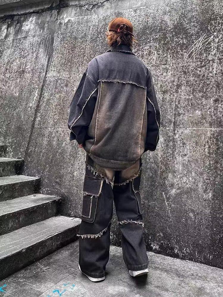 American Retro Rough Edge Washing Gradual Change Denim Jacket Men'S And Women'S Season American High-End Lapel Jacket