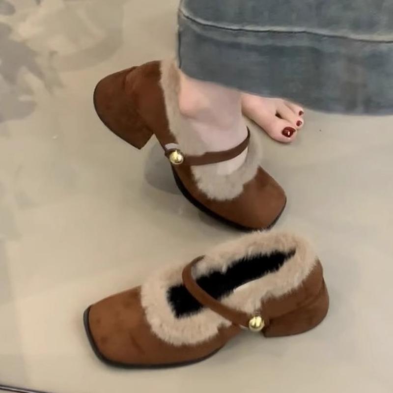 Sapatos Mary Janes Peludos Femininos Salto Alto Bico Quadrado Botas de Neve de Pelúcia Sapatos de Algodão Quentes de Inverno Elegantes Scarpins Mujer