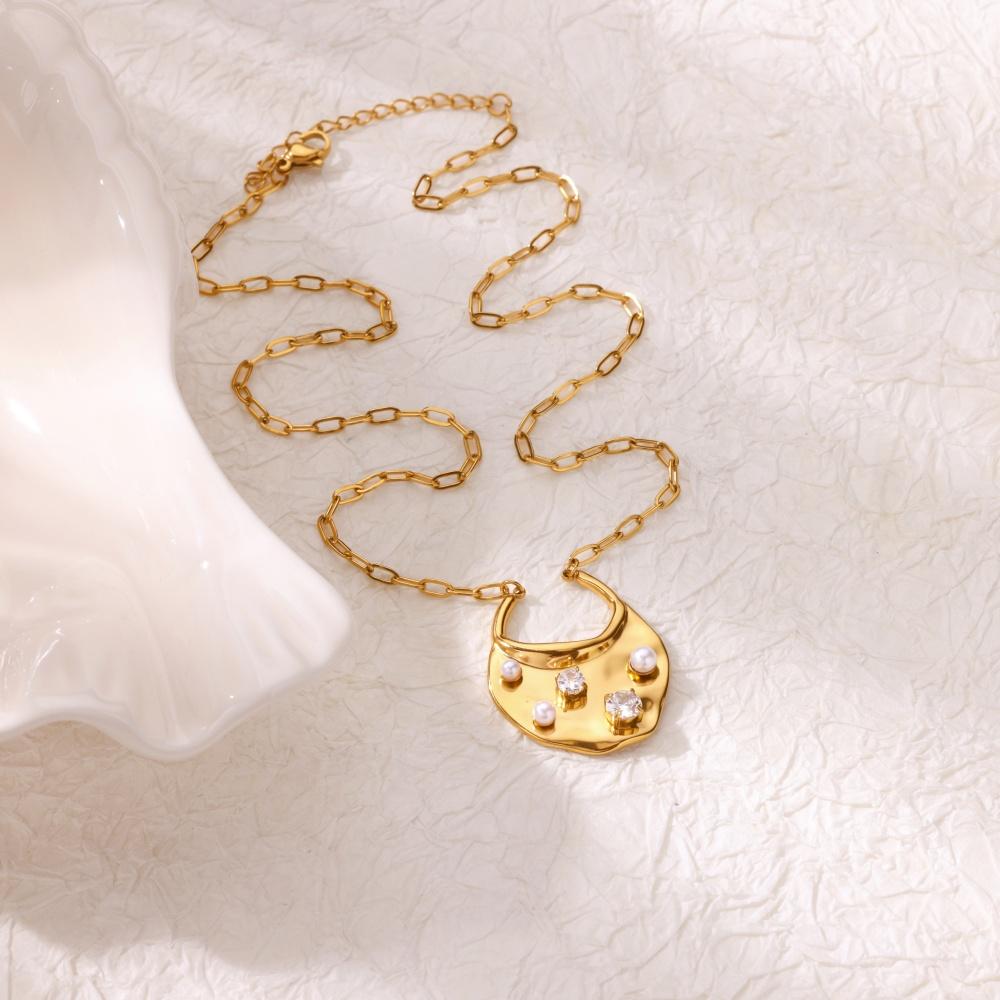 Stainless Steel Zircon Imitation Pearl Necklaces For Women Gold Color Geometric Pendant Necklace Wedding Birthday Luxury Jewelry