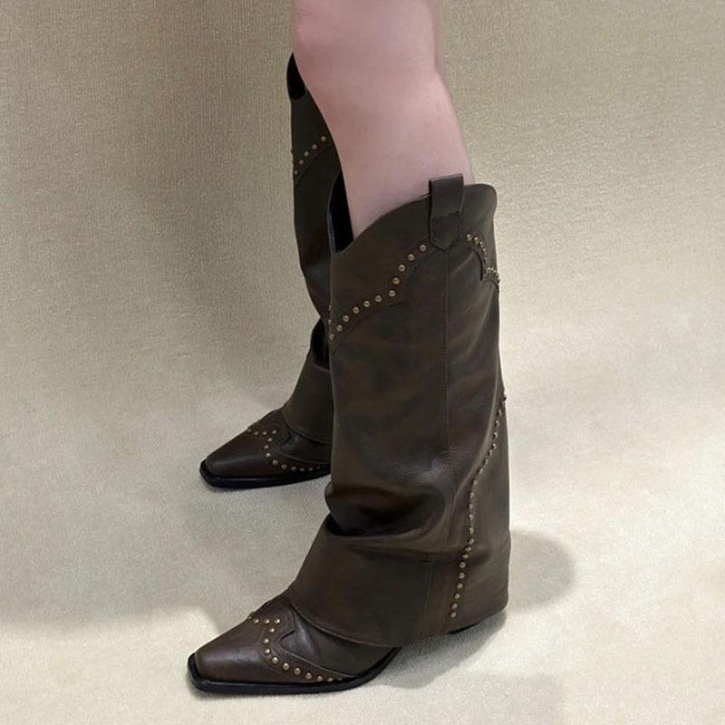Fashion New Cowboy Western Knee High Boots Woman Chunky Heel Pointed Toe Long Botas Ladies Stylish Motorcycle Shoes with Rivets Boots