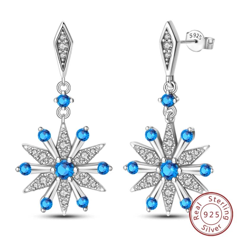 Women's Romantic 925 Silver Snowflake Star Shining Zircon Christmas Winter Earrings Fit Wedding Party Exquisite Jewelry