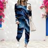 Women Plus Size Printed Turquoise Blue Round Neck Long Sleeve Top Cuffed Pants Two Piece Set With Pockets