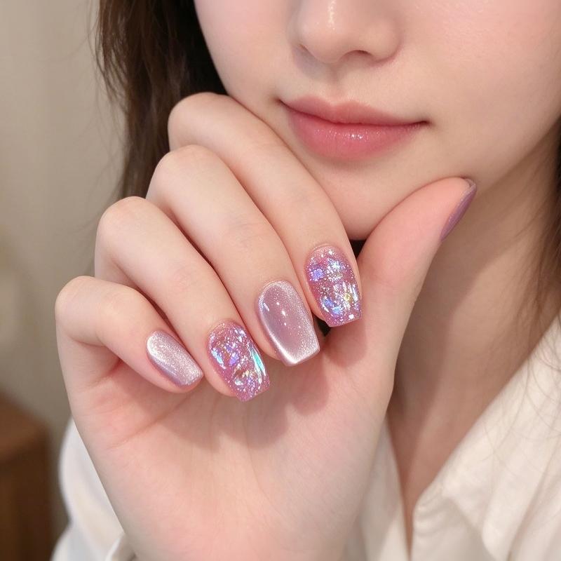 Press-On Nails Shimmery Cat Eye Short Square False Nails Kit with Free Adhesive Glue for Night Club Parties