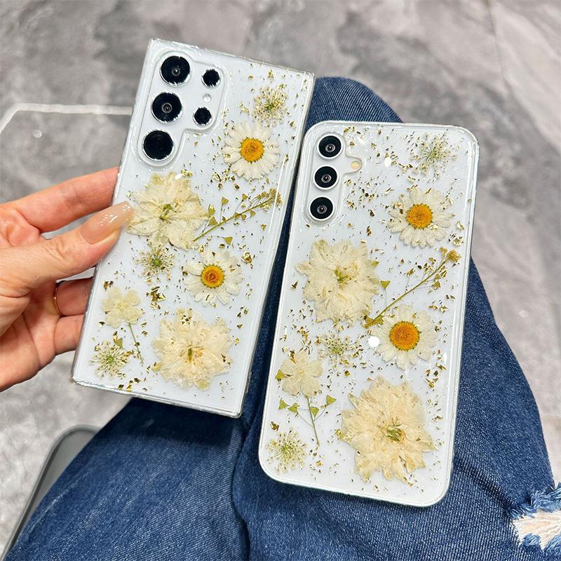 

For Samsung S25ultra Mobile Phone Case S24 Daisy Flower Glitter A55 Real Flower S23plus Transparent Gold Foil For Samsung S24FE