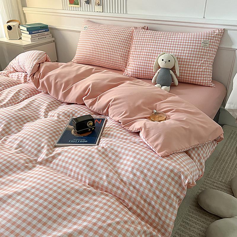 Japanese Washed Cotton 4-Piece Bedding Set: Duvet Cover, Fitted Sheet & Bed Sheet In Simple Style.