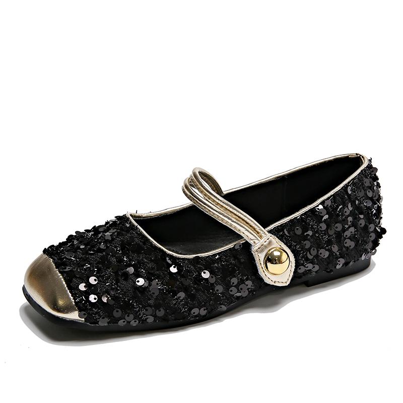 

Туфли Мэри Джейн с блестками, женские летние французские туфли на плоской подошве 35 чёрный