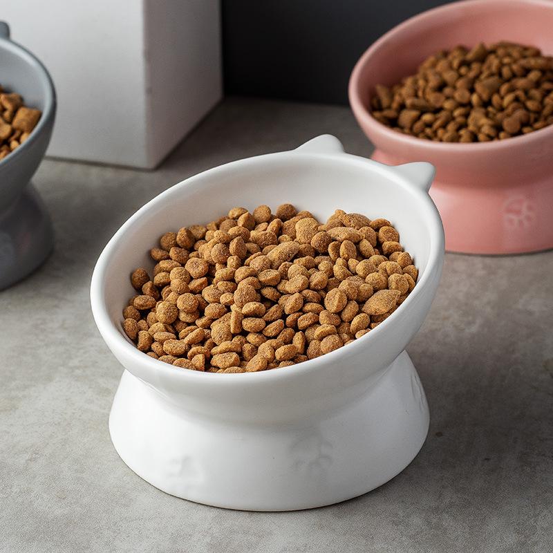 Double-Eared Slanted Ceramic Cat Bowl - Matte Glaze, Anti-Black Chin, Cervical Spine Support, Cute Design