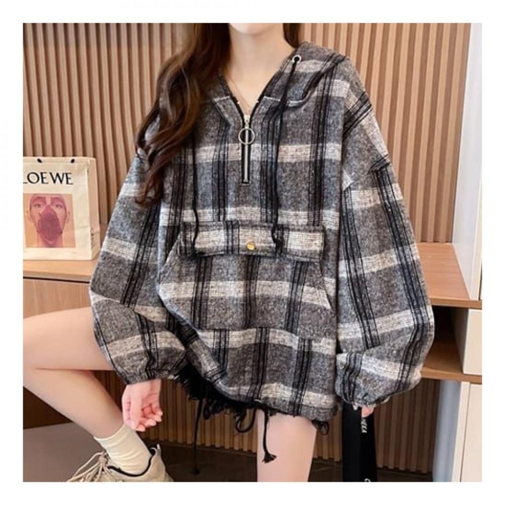 Navava Loose Fit Check Pocket Long Sleeve Hoodie Nt1989