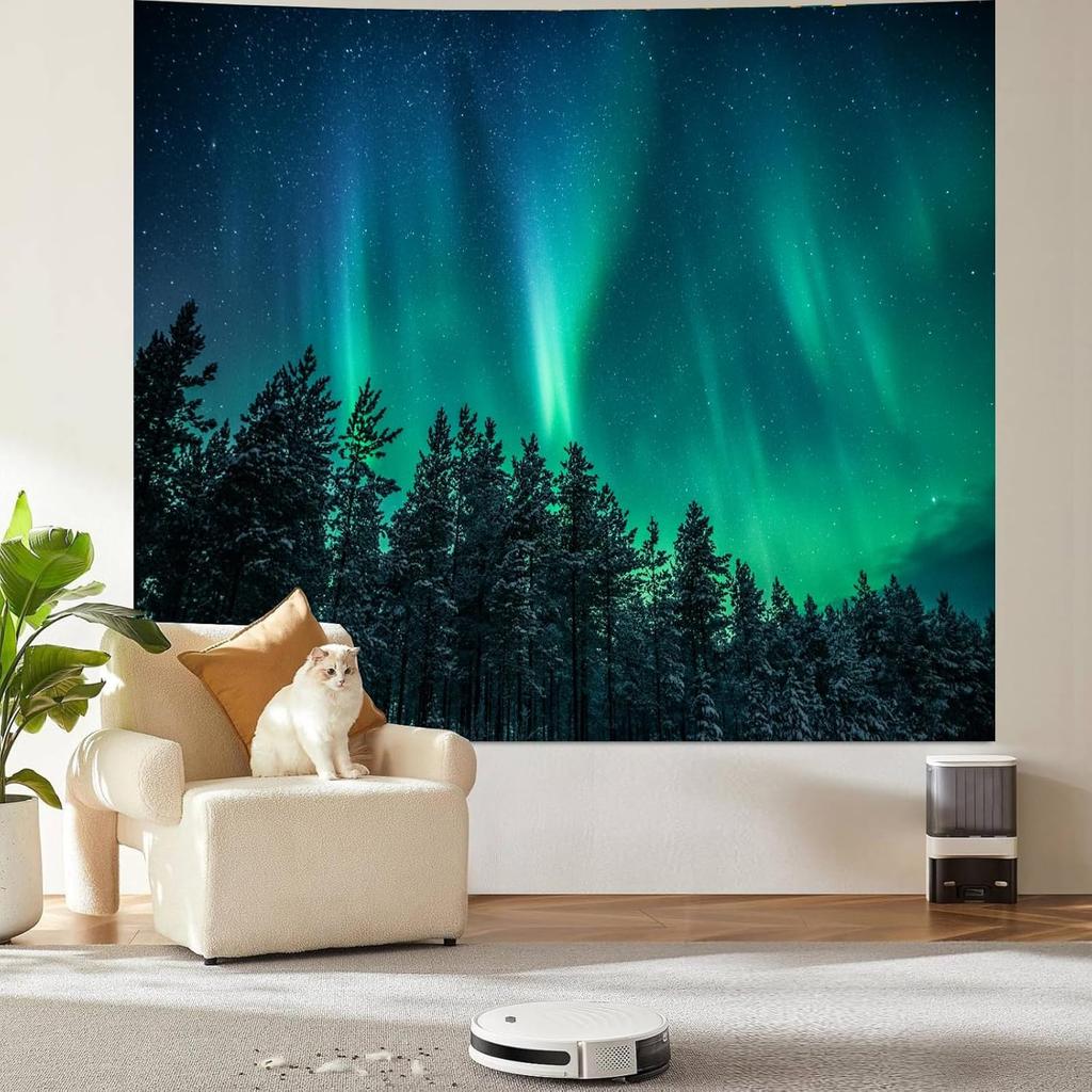 VIKAMA Northern Lights Forest Tapestry Green Aurora Borealis Pine Tree Print Wall Hanging for Living Room Bedroom Decor