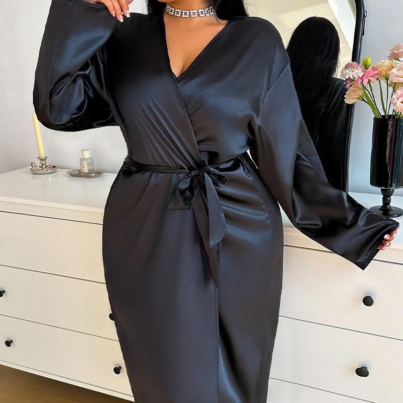 

Тонкий и элегантный, простой и повседневный халат средней длины на шнуровке для женщин, весенне-летняя пижама из ледяного шелка 3XL чёрный