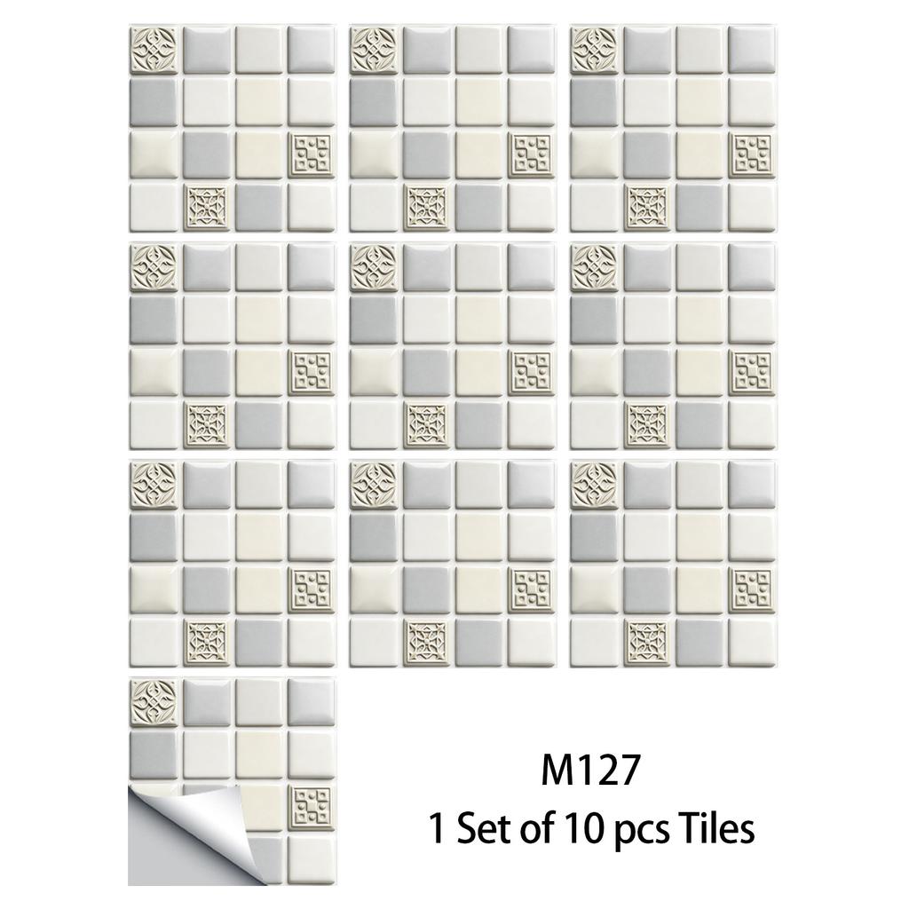 10Pcs Glossy Marble Mosaic Tile Stickers Waterproof Self-Adhesive Geometric Wall Floor Decals Kitchen Backsplash Home DIY Decoration