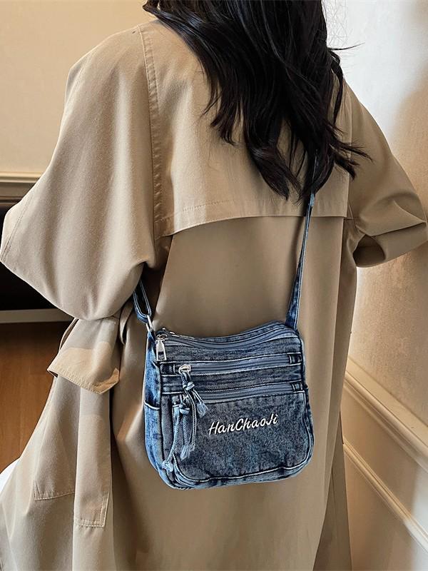 Retro Minimalistische Mehrfachtaschen Bestickte Denim Umhängetasche (2025)