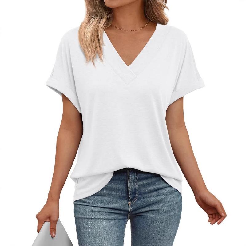 Women's Casual V-Neck Batwing Sleeve T-Shirt Loose Fit Solid Color Summer Top