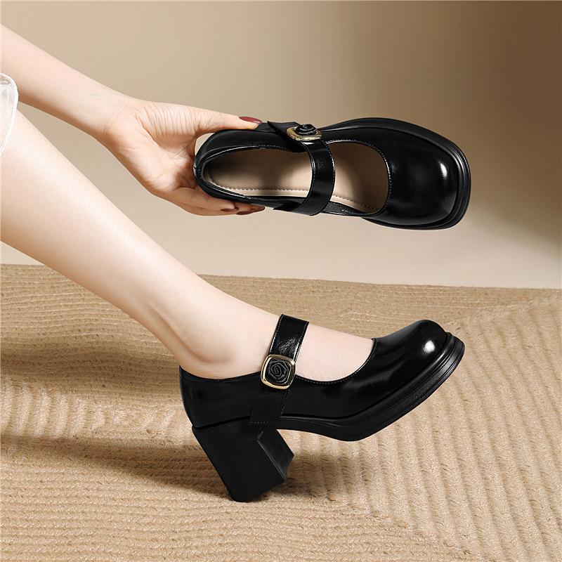 Black British Mary Jane Small Leather Shoes Versatile Small High Heel Premium Uniform Single Shoes Leather Shoes Loafers