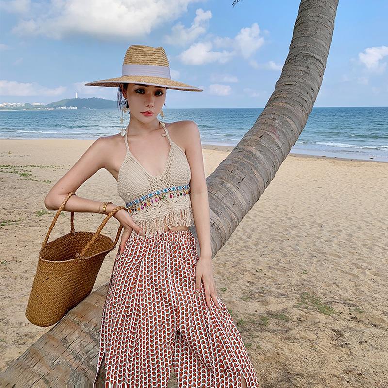 Bohemian Seaside Knit Tassel Bikini Bandeau with Chest Pads