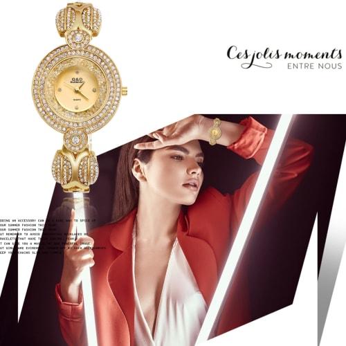 Women's Sparkling Gold Watch with 3ATM Water Resistance: Diamonds, Analog Display, Cute and Stylish Alloy Strap, Casual and Business Fashion Watch - P