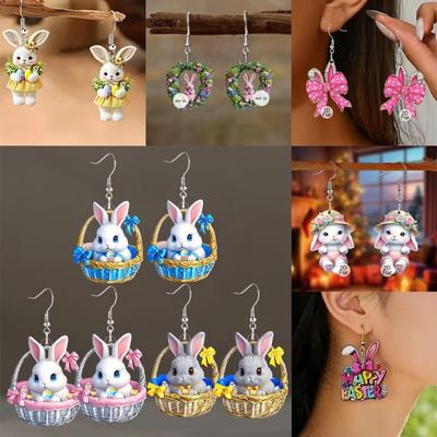 Cartoon 2D Flat Flower Rabbit Earrings Cartoon Cute Animal Rabbit Pendant Earrings Resurrection Festival Party Jewelry Accessori