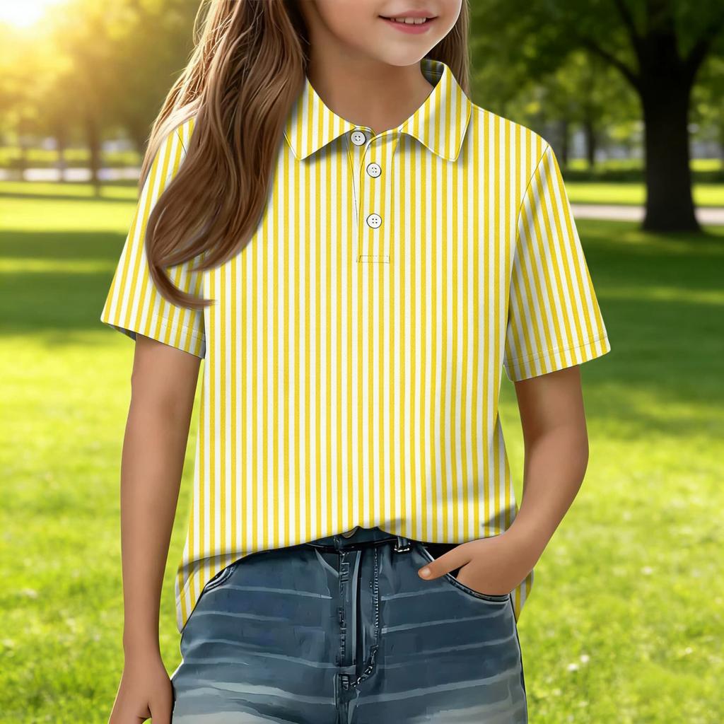 Kids Casual Short Sleeve Polo Shirt Striped Print Button Down Collar Lightweight Breathable Top for Boys Girls Summer Wear