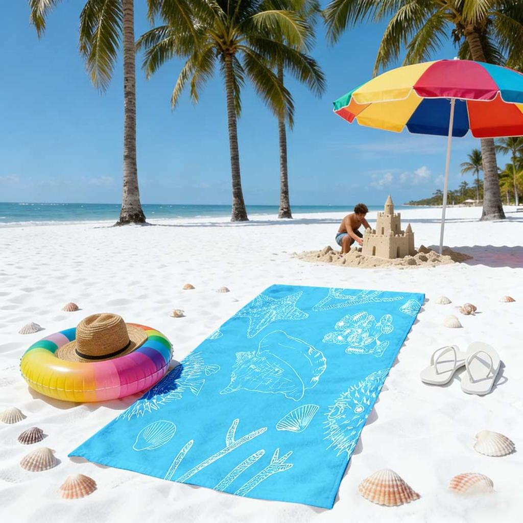 Blue Shell Starfish Microfiber Beach Towel 1 Piece Set 2D Flat Printed Sandproof Waterproof Holiday Sea Sunbed Lounger Towel