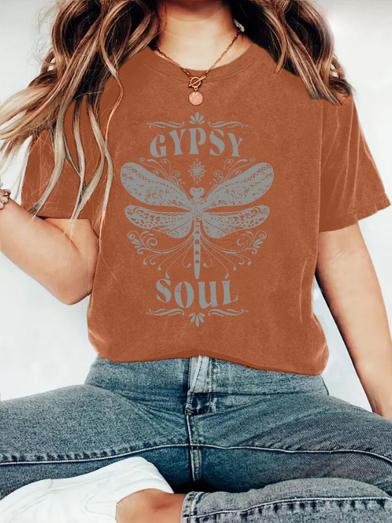 Women's New Cute Printed Short Sleeve Dragonfly Printed Round Neck Loose Short Sleeve