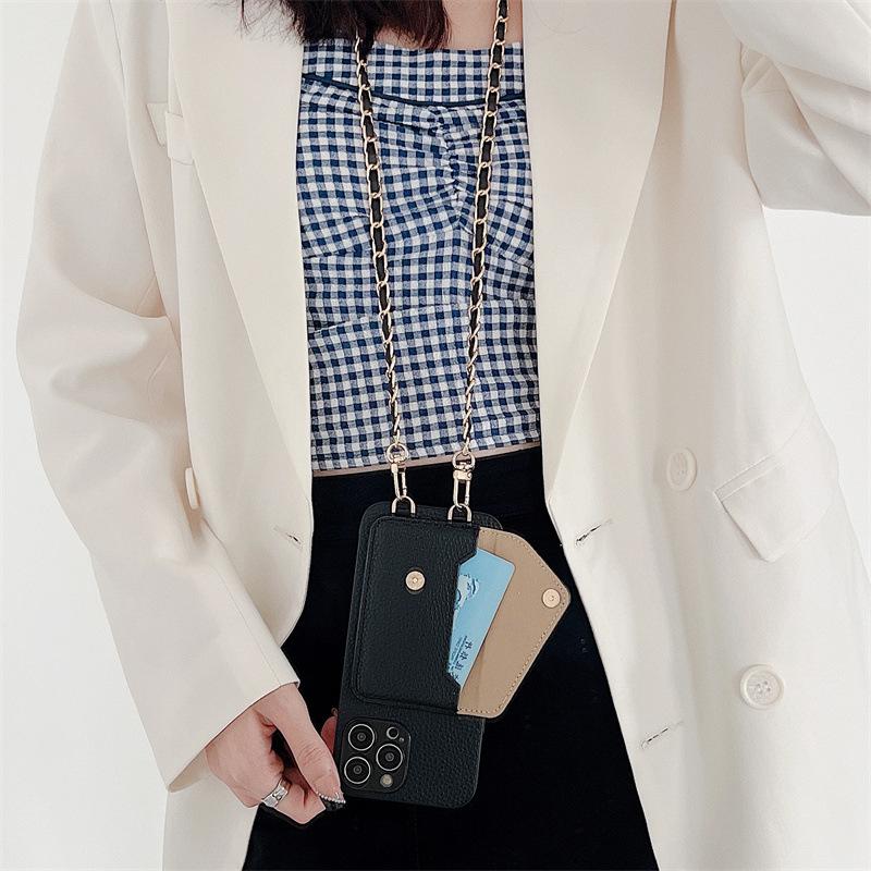 Suitable For Lychee Patterned 14 Protective Case Xsmax Card Pack Metal Leather Chain 13promax Xs Phone Case