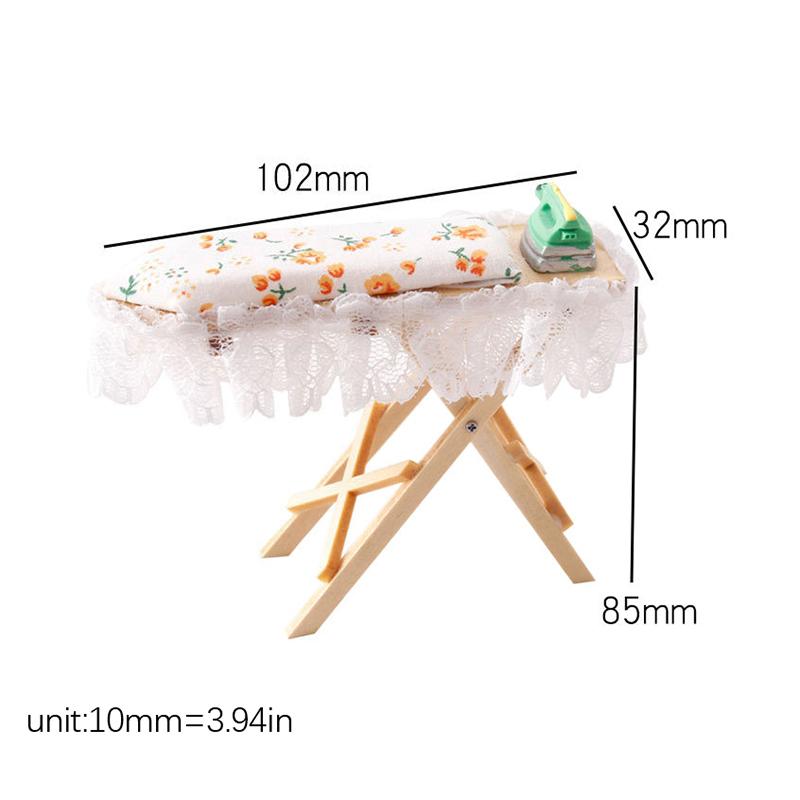 1:12 Dollhouse Miniature Wooden Ironing Board Mini Flat Iron Furniture Model Sewing Life Scene Decor Toy Micro Scene Props